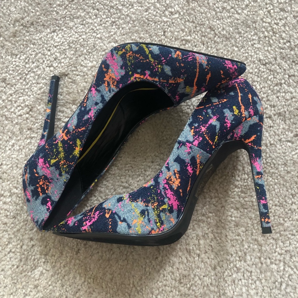 Denim Neon Paint Splatter Stiletto Heels - Pink, Yellow, Blue Jeans Retro 80s - Picture 6 of 6